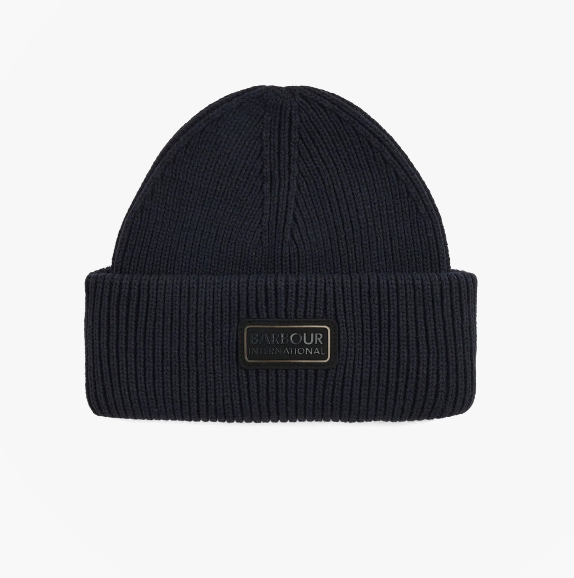 Barbour CRAYWELL Mens Beanie Navy front view with ribbed texture and logo patch on the cuff.