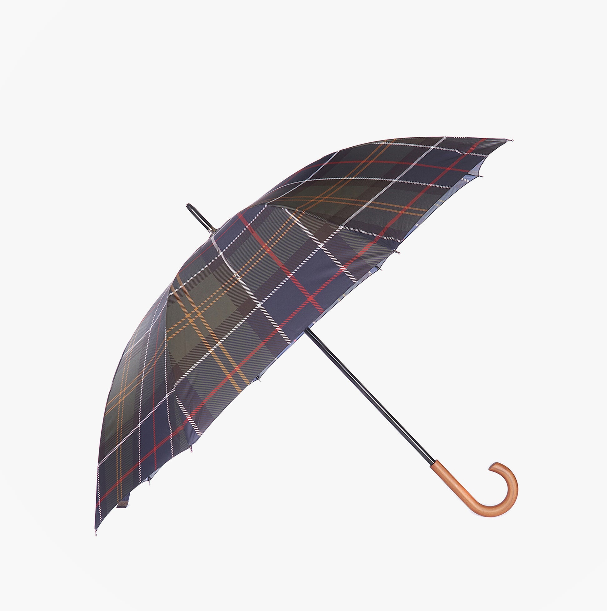 Barbour TARTAN FULL LENGTH Classic Umbrella side view showcasing check pattern and wooden handle.