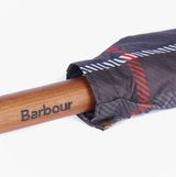 Barbour TARTAN FULL LENGTH Classic Umbrella detail view showcasing the handle and woven Barbour label.