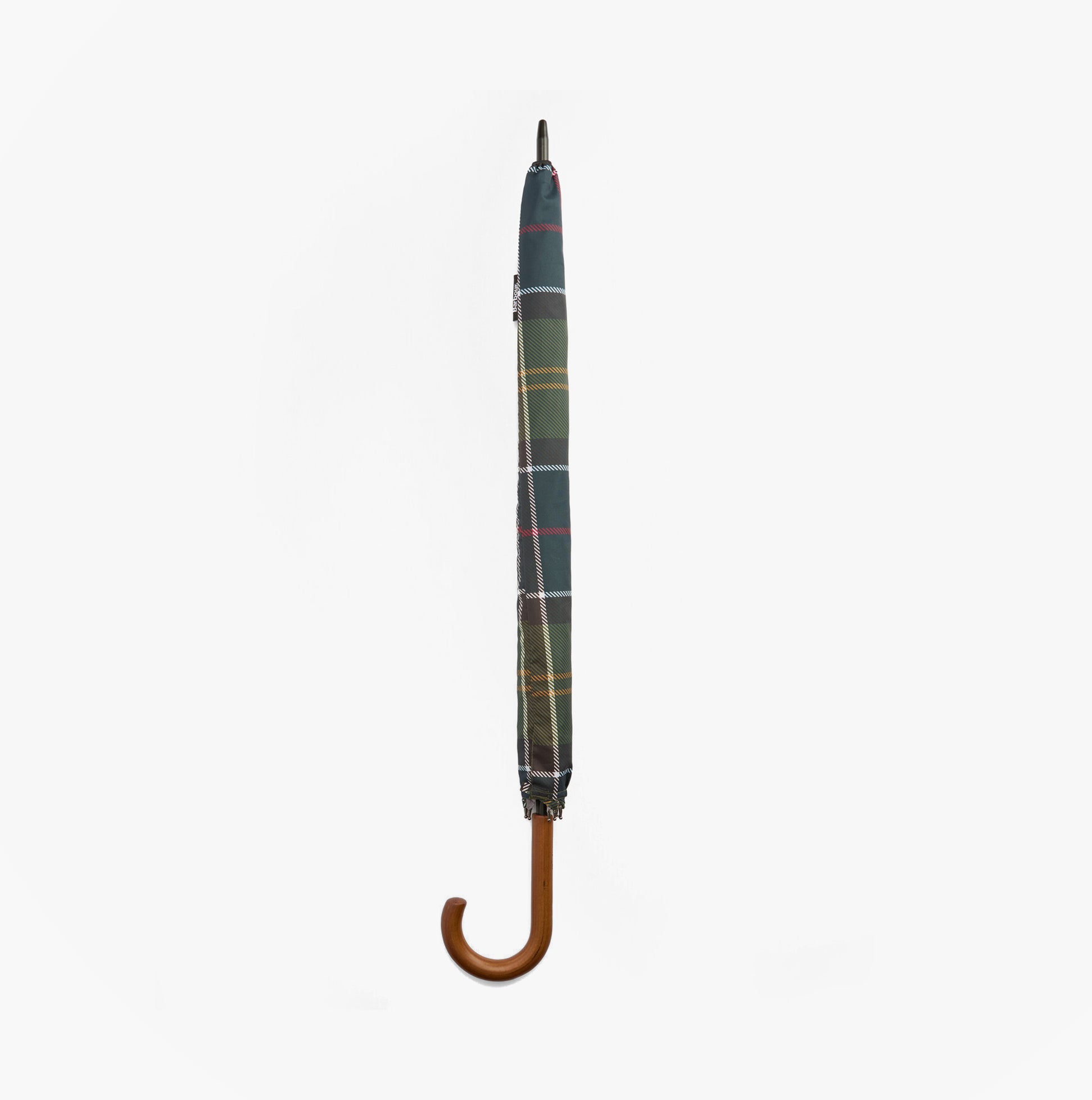 Barbour MIXED TARTAN Umbrella Mixed Tartan side view showing the tartan pattern and wood handle detail.