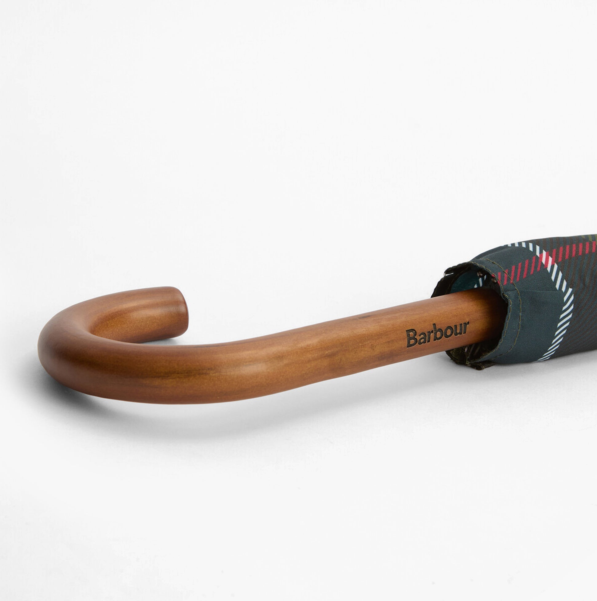 Barbour MIXED TARTAN Umbrella Mixed Tartan detail view of engraved wood handle