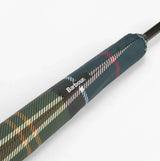 Barbour MIXED TARTAN Umbrella Mixed Tartan close-up detail view of the handle showing the engraved logo and mixed tartan design.