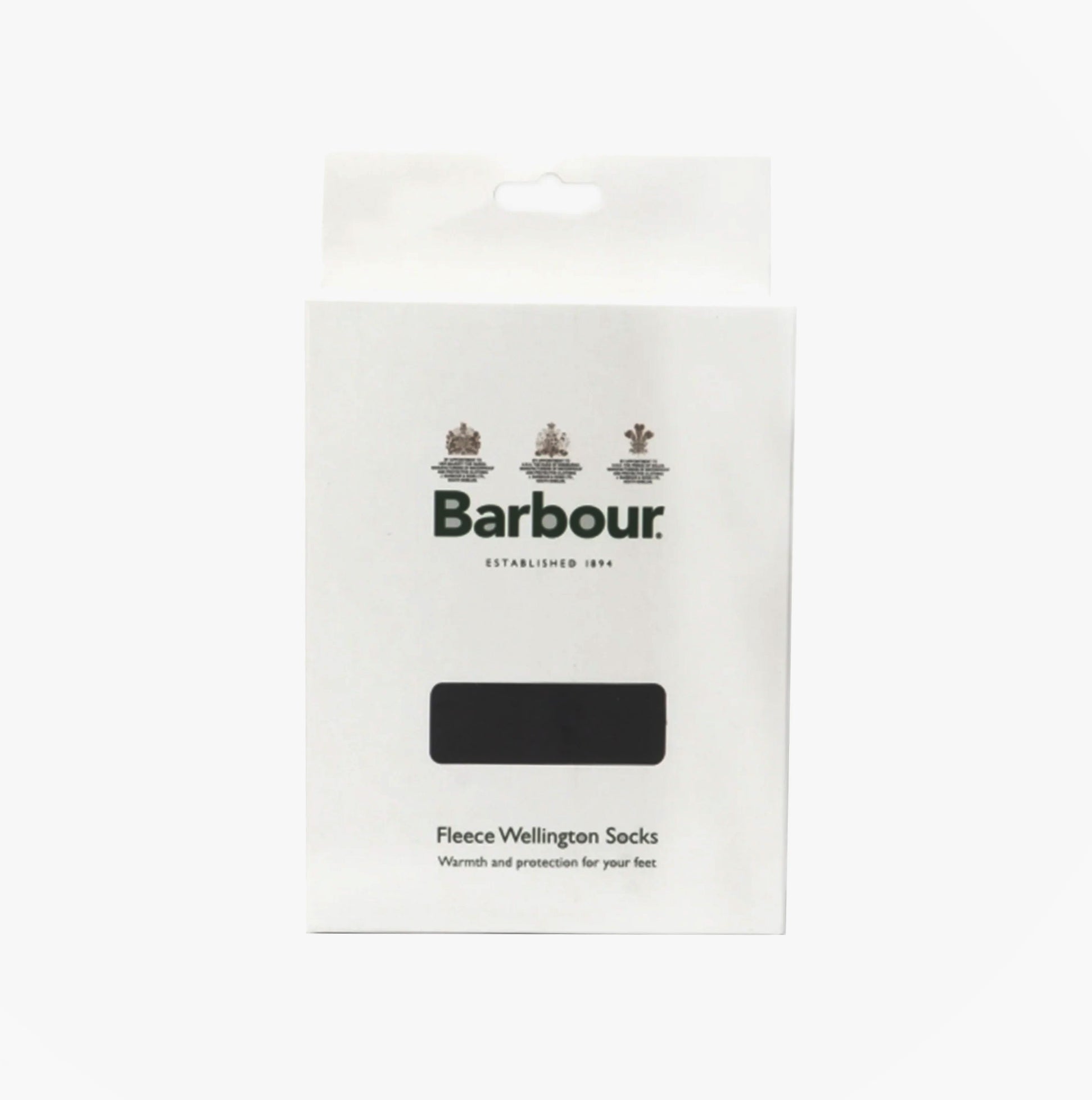 Barbour Fleece Wellington Unisex Socks Black packaging front view, featuring logo and product description.