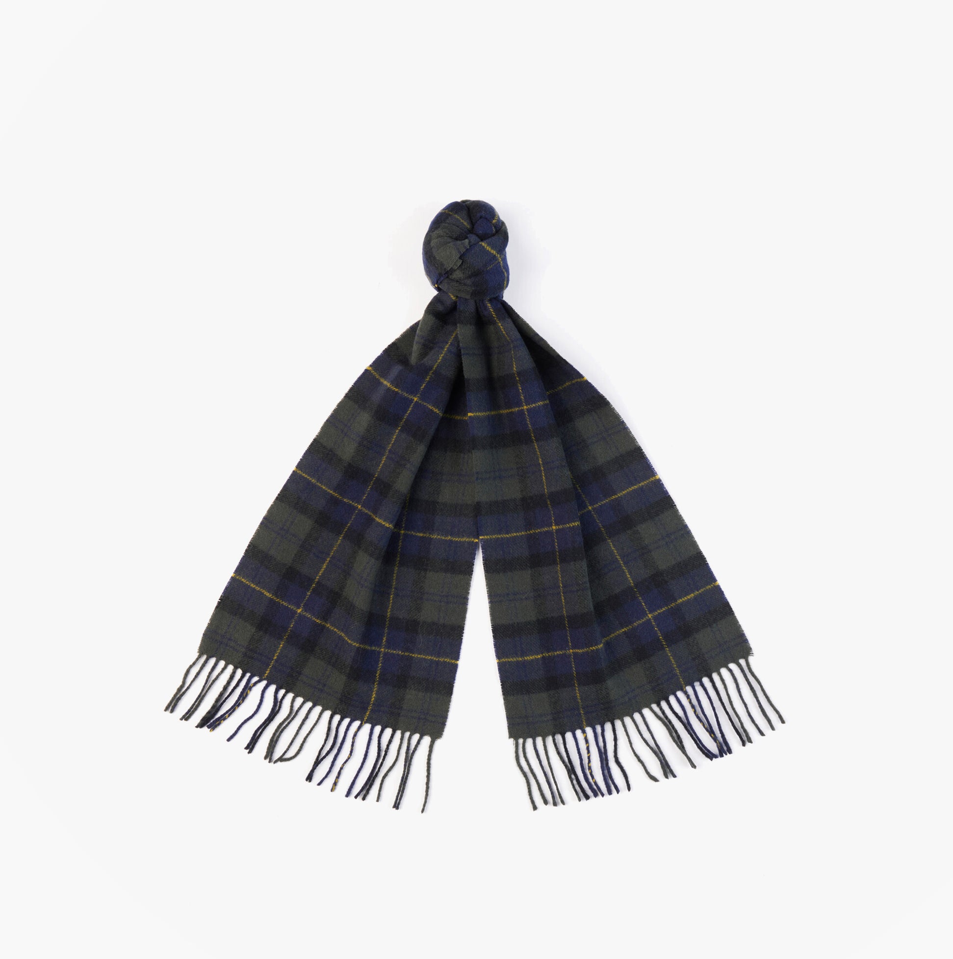 Barbour TARTAN LAMBSWOOL Mens Winter Olive Night scarf top view with fringe detail and tartan pattern.