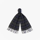 Barbour TARTAN LAMBSWOOL Mens Winter Olive Night scarf top view with fringe detail and tartan pattern.