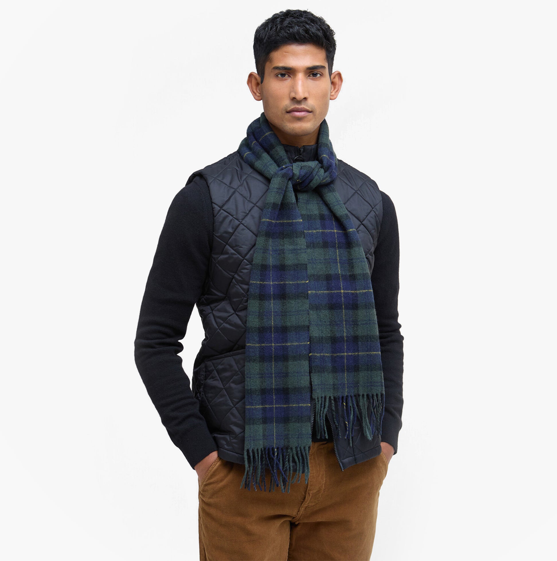 Barbour TARTAN LAMBSWOOL Mens Winter Olive Night front view worn by model with quilted vest.