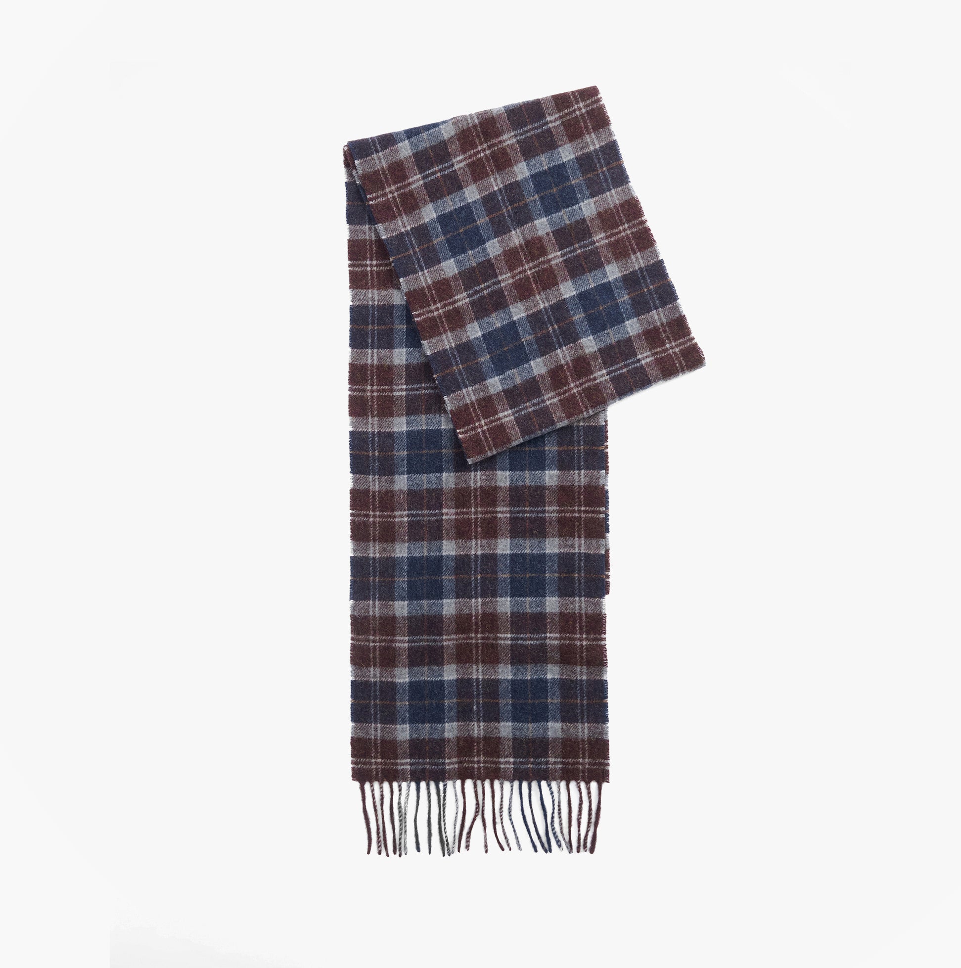 Barbour TARTAN LAMBSWOOL Mens Winter Oak Tartan front view of scarf in plaid design, featuring blue and brown colors.