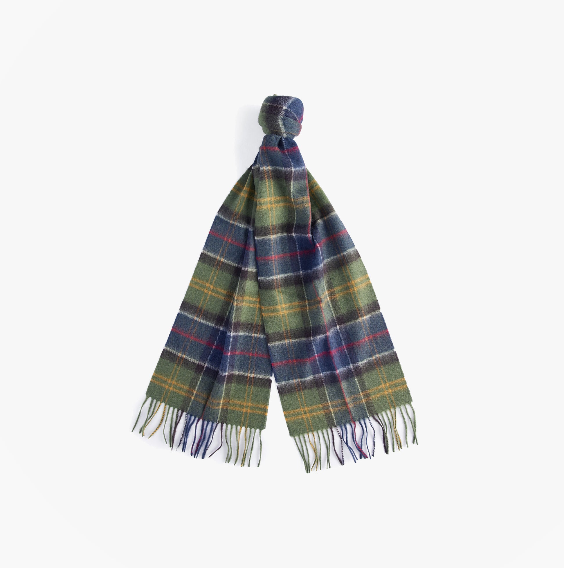 Barbour WOOL CASHMERE TARTAN Mens Winter Classic scarf hanging, showcasing tartan pattern and fringed edges.