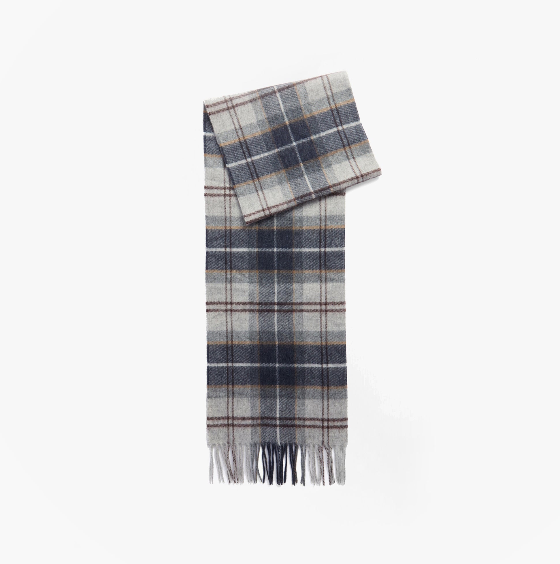 Barbour WOOL CASHMERE TARTAN Mens Winter Grey Midnight front view of scarf with tartan pattern and fringes.