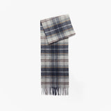 Barbour WOOL CASHMERE TARTAN Mens Winter Grey Midnight front view of scarf with tartan pattern and fringes.