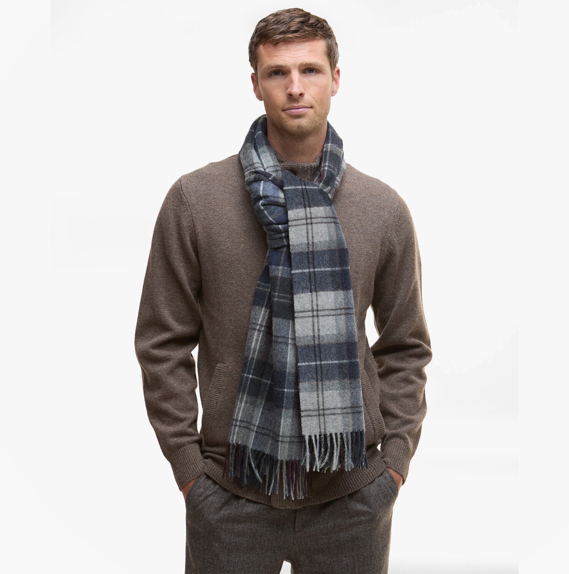Barbour WOOL CASHMERE TARTAN Mens Winter Grey Midnight front view, model wearing scarf, displaying tartan design.