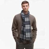 Barbour WOOL CASHMERE TARTAN Mens Winter Grey Midnight front view, model wearing scarf, displaying tartan design.