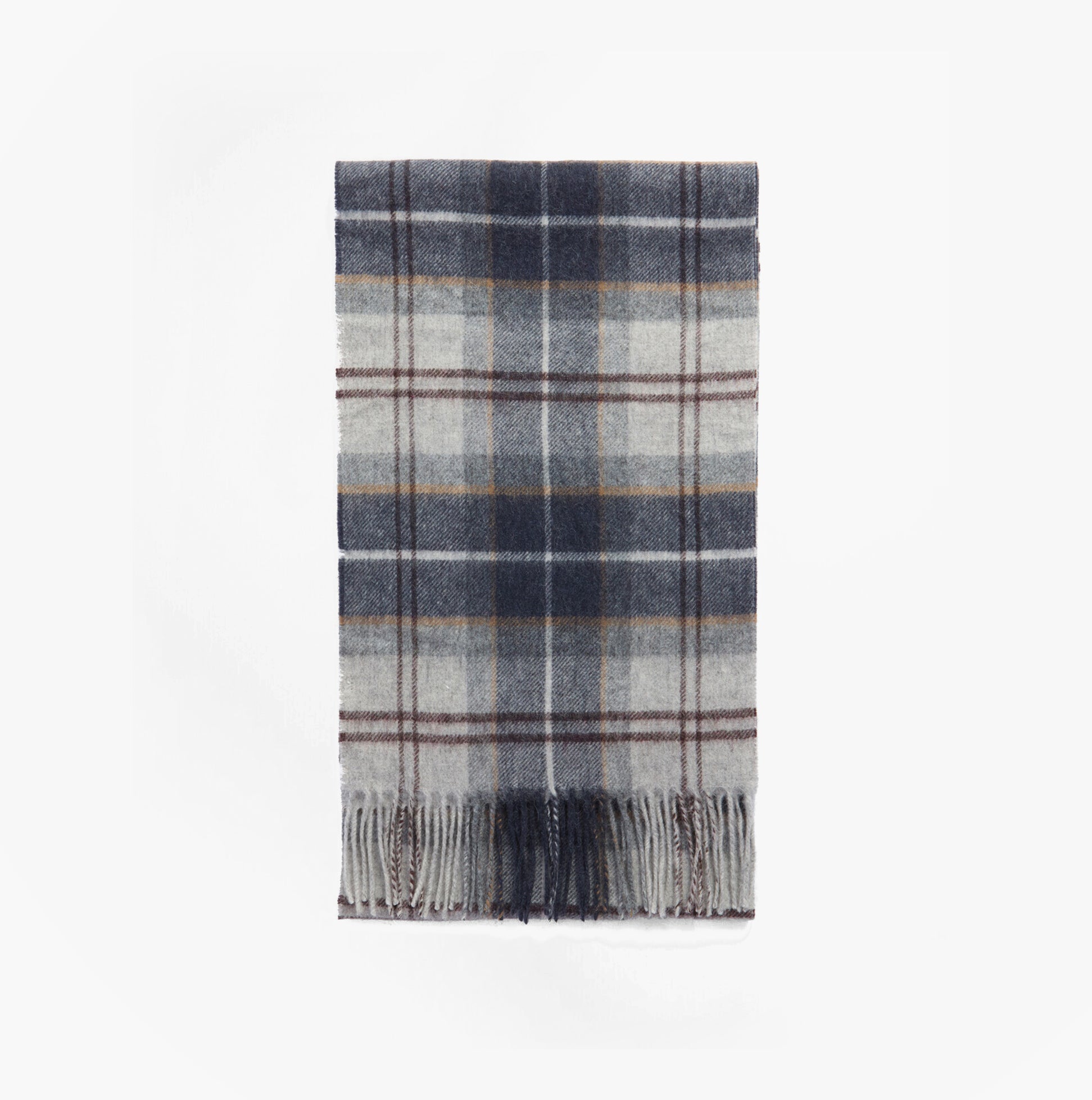 Barbour WOOL CASHMERE TARTAN Mens Winter Grey Midnight front view of the scarf with a tartan pattern.