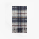 Barbour WOOL CASHMERE TARTAN Mens Winter Grey Midnight front view of the scarf with a tartan pattern.