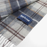 Barbour WOOL CASHMERE TARTAN Mens Winter Grey Midnight detail view, showcasing the label and tartan pattern.