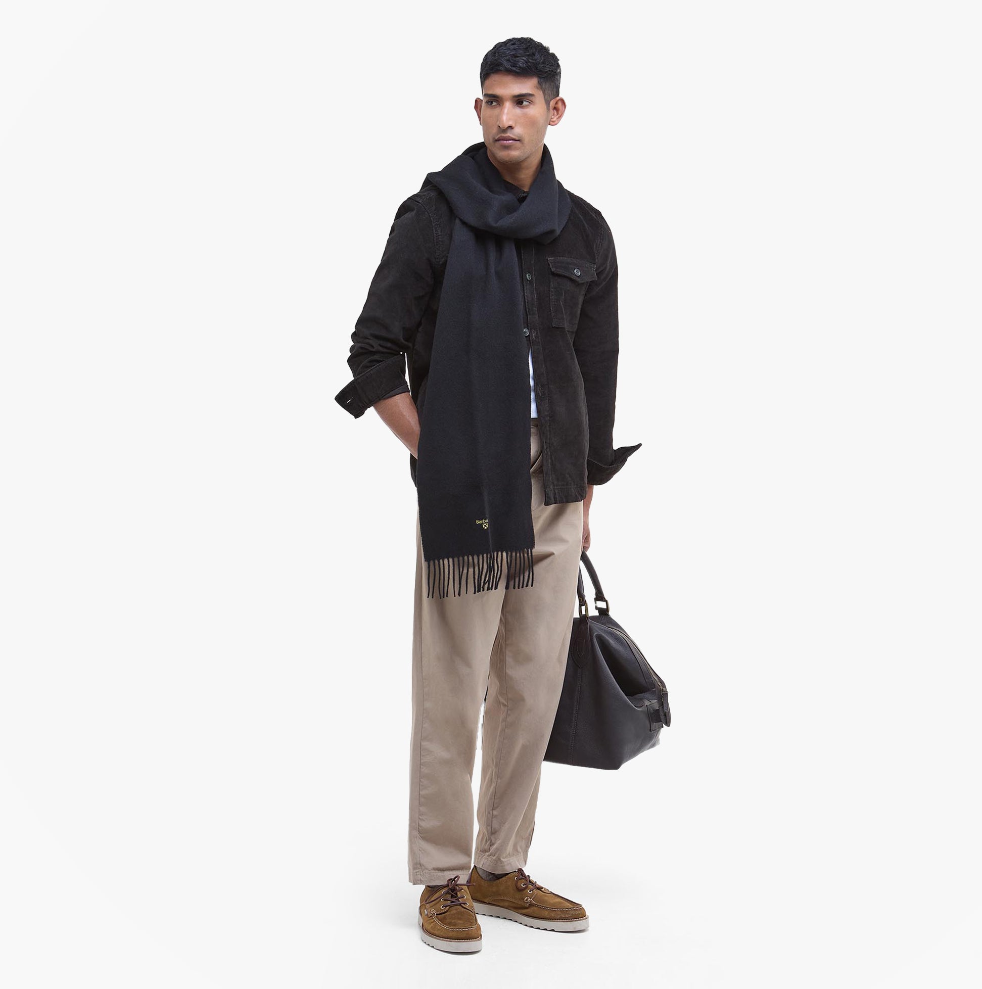 Barbour PLAIN LAMBSWOOL Mens Winter Black side view on model, styled with casual outfit and accessories.