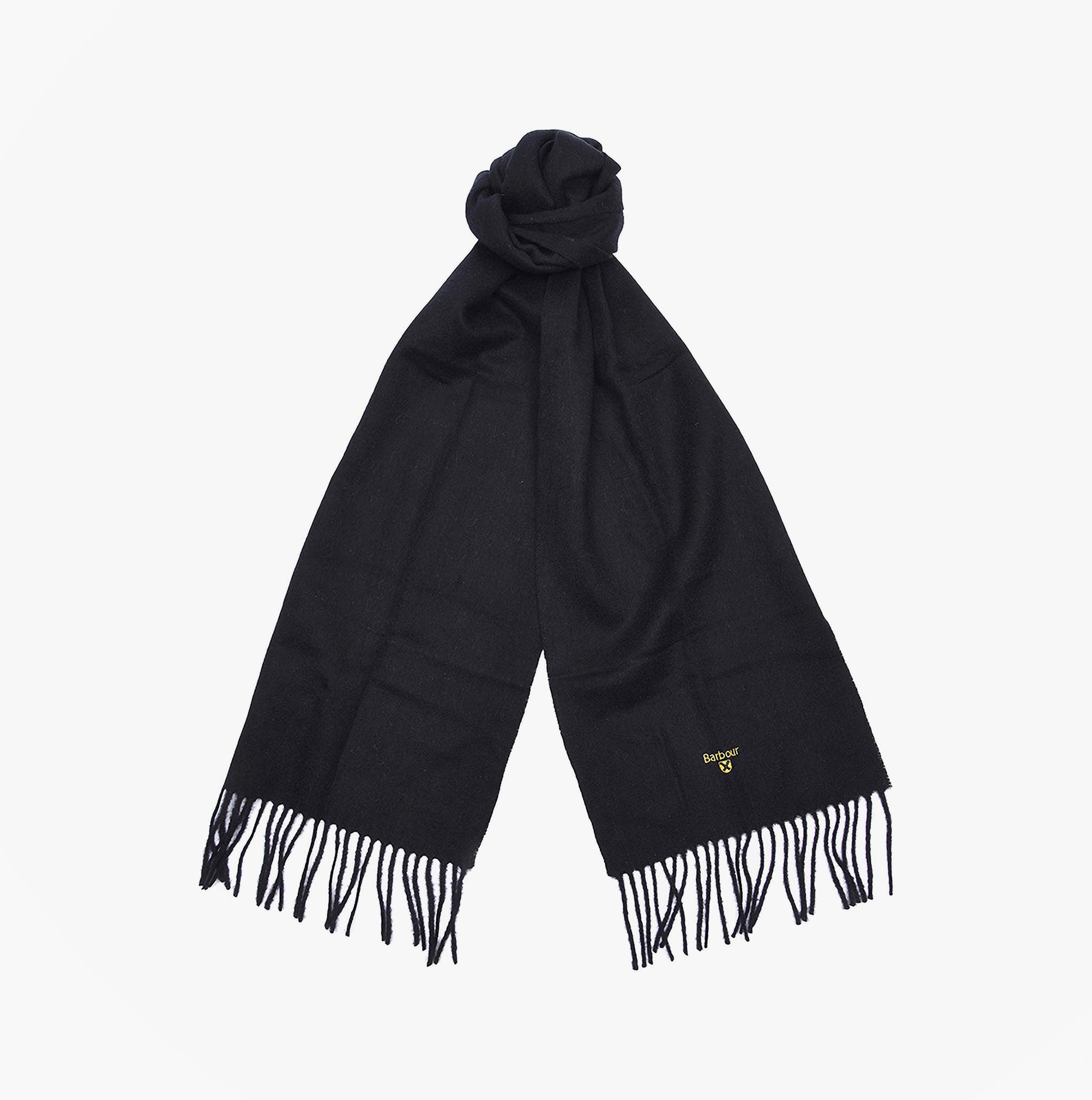 Barbour PLAIN LAMBSWOOL Mens Winter Black scarf displayed in a front view with fringes and brand logo.