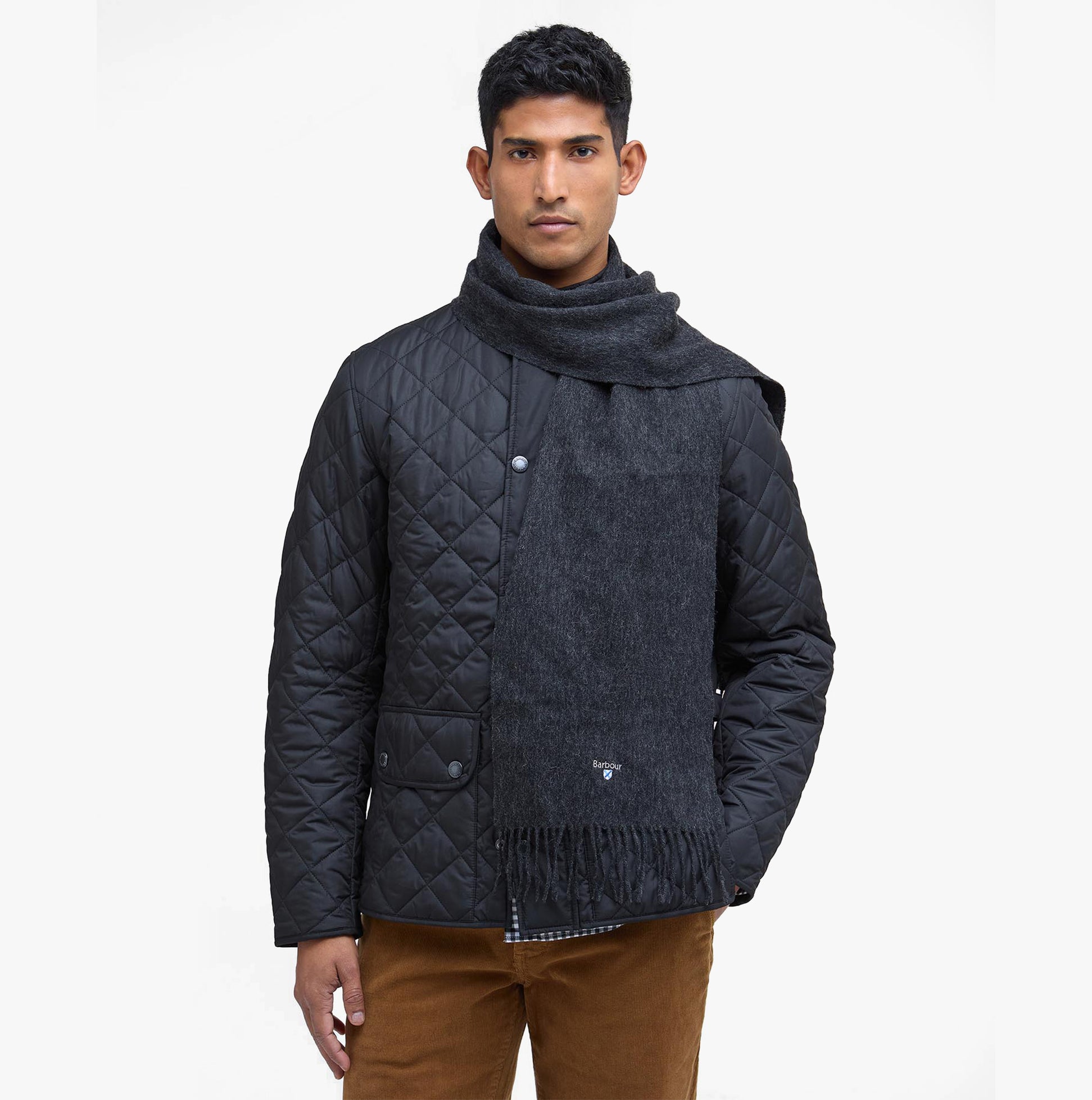 Barbour PLAIN LAMBSWOOL Mens Winter Charcoal/Grey front view with model wearing a charcoal scarf and jacket.
