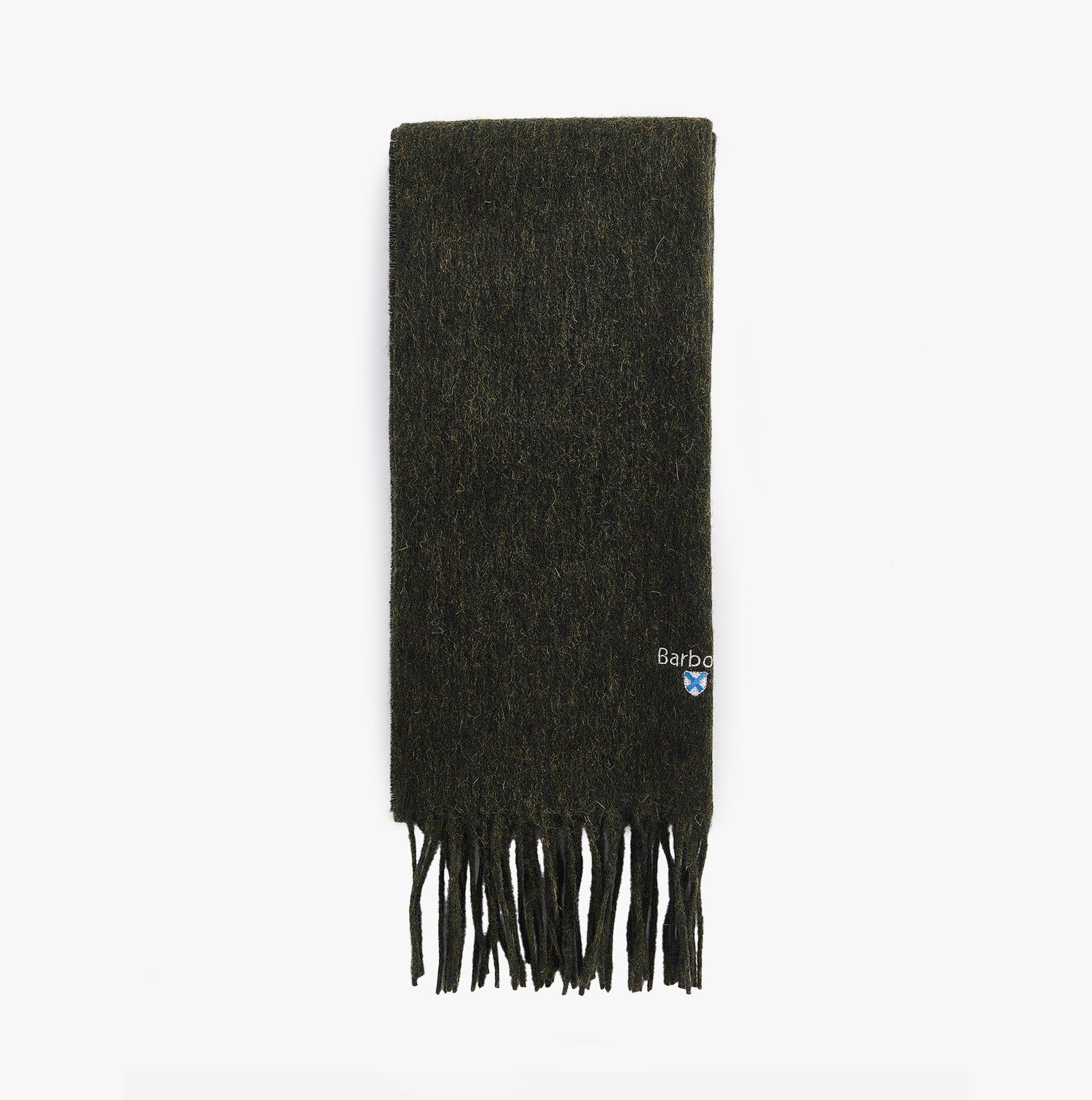 Barbour PLAIN LAMBSWOOL Mens Winter Seaweed front view of scarf with fringes.
