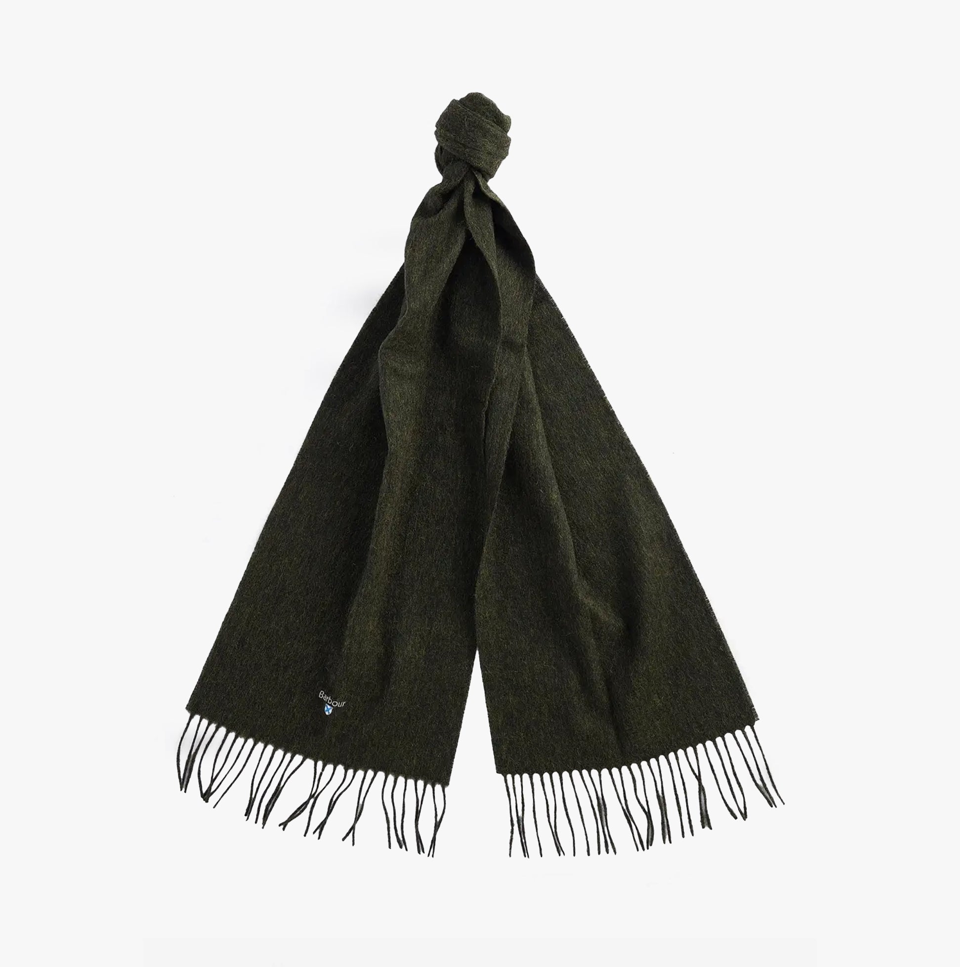 Barbour PLAIN LAMBSWOOL Mens Winter Seaweed detail view of lambswool scarf with fringes, in rich seaweed color.