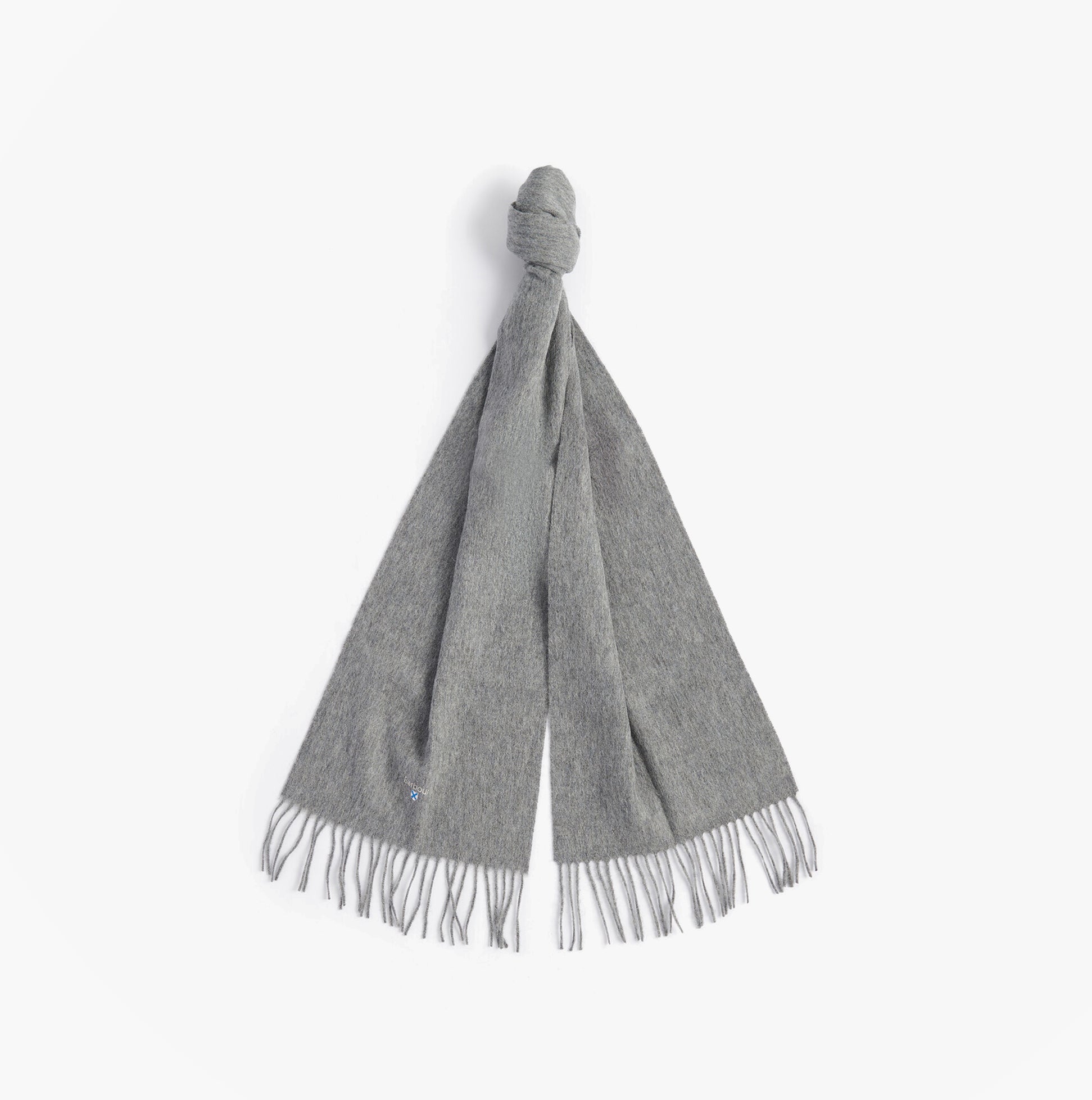 Barbour PLAIN LAMBSWOOL Mens Winter Grey Marl front view of soft grey scarf with fringe detailing