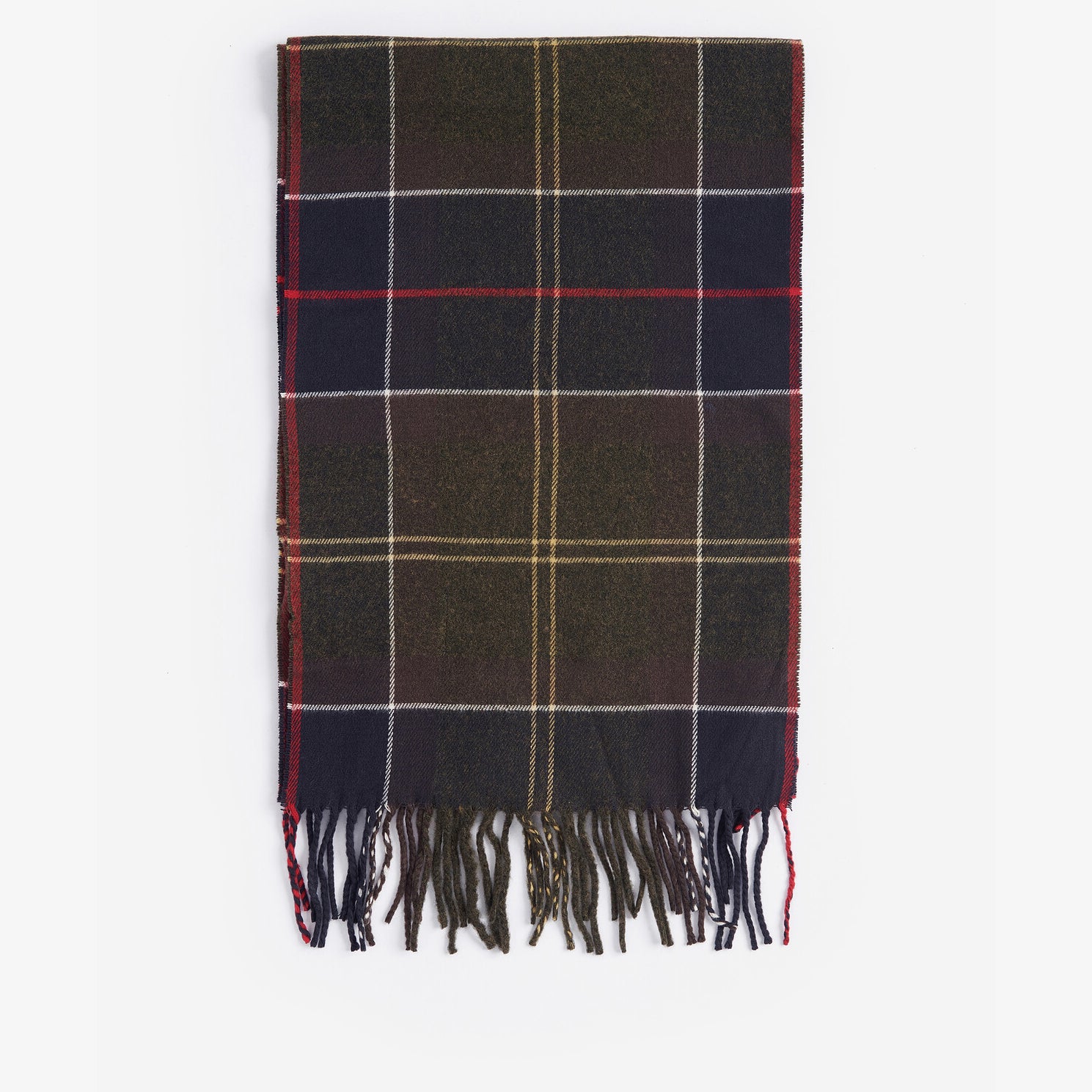 Barbour GALINGALE Unisex Adults Tartan Scarf Classic, front view, green and navy plaid design, tasselled hem.