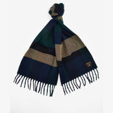 Barbour WESTERDALE Scarf Unisex Adults Green Loch, top view showcasing oversized check design with fringe edges.