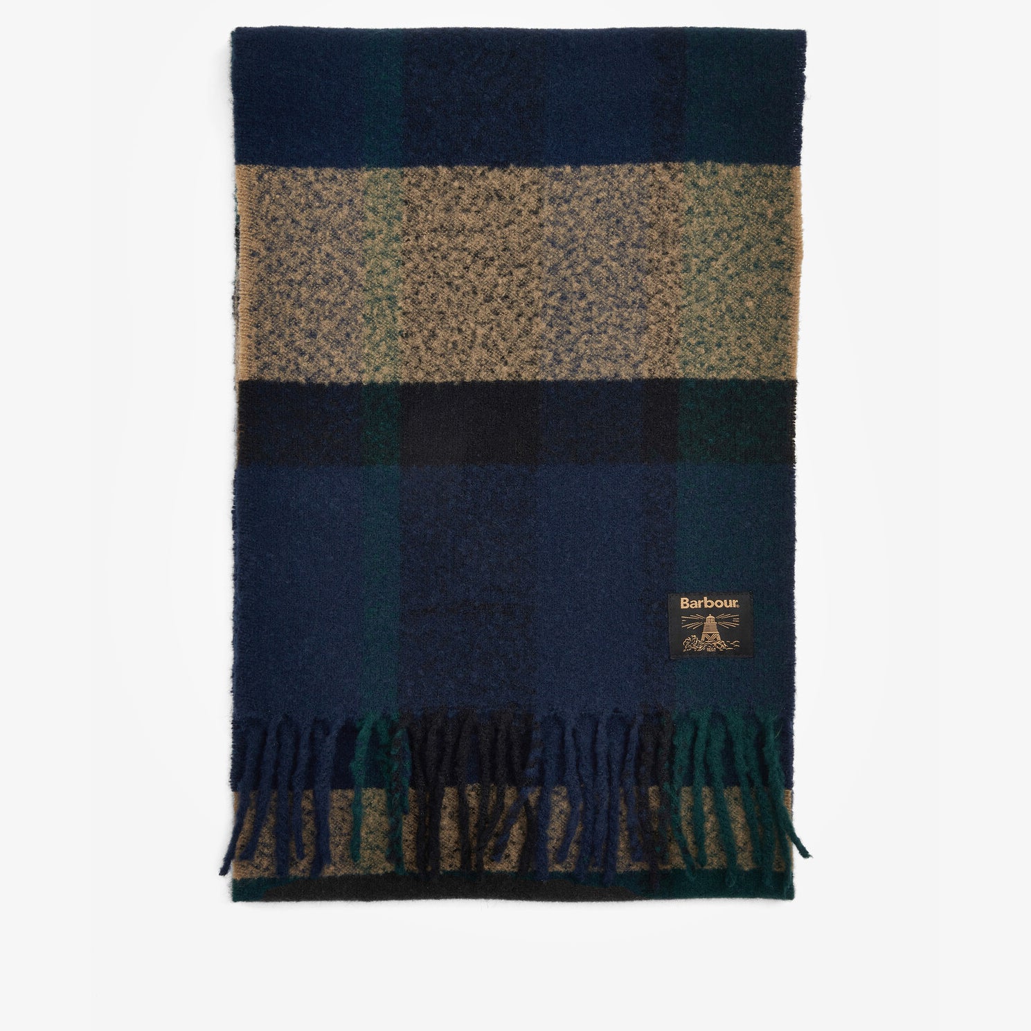 Barbour WESTERDALE Scarf Unisex Adults Green Loch front view showing oversized check design and brand label.