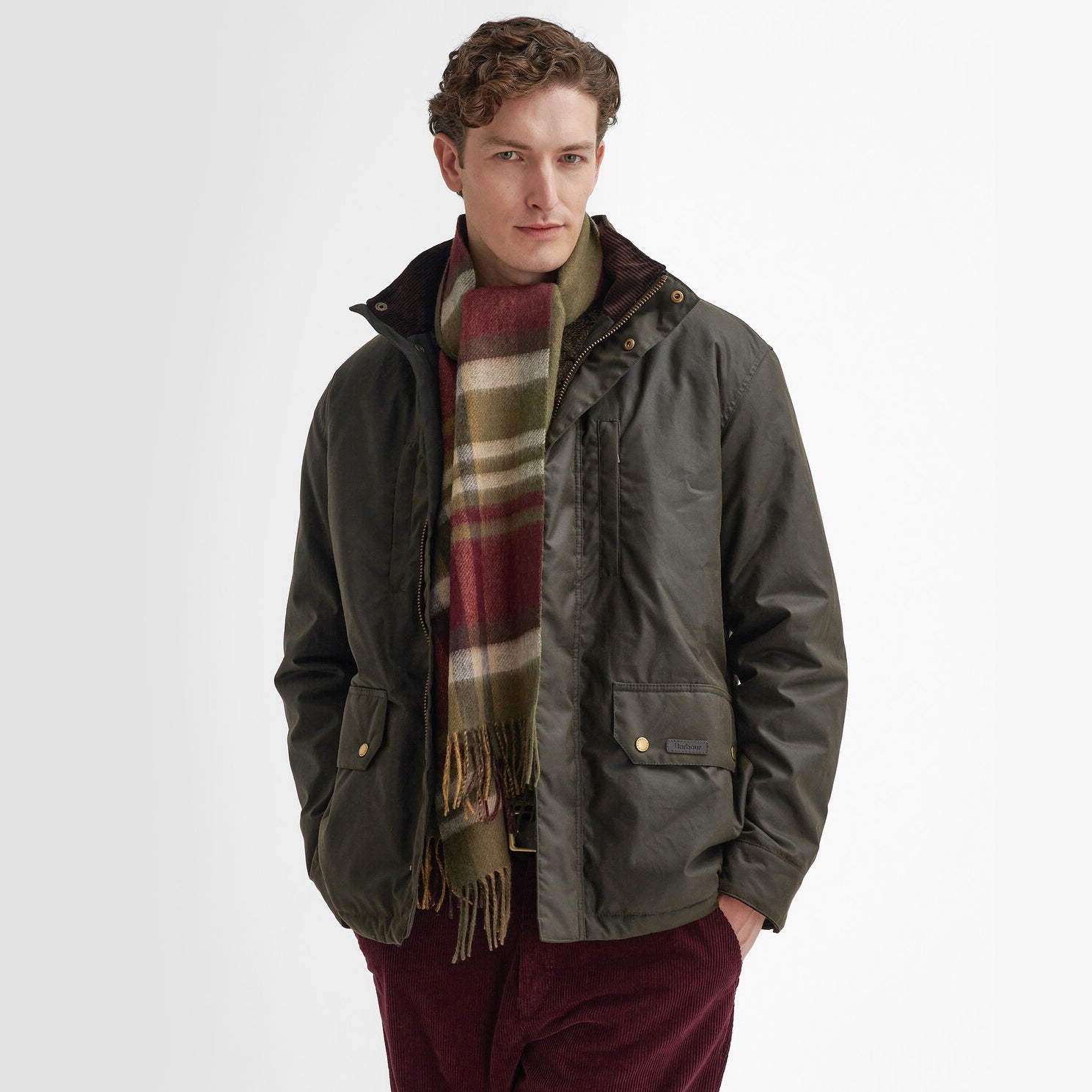 Barbour FIELD REVERSIBLE Scarf Unisex Adults Army Green worn by model in front view with casual jacket.