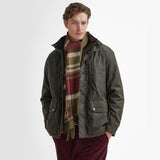 Barbour FIELD REVERSIBLE Scarf Unisex Adults Army Green worn by model in front view with casual jacket.