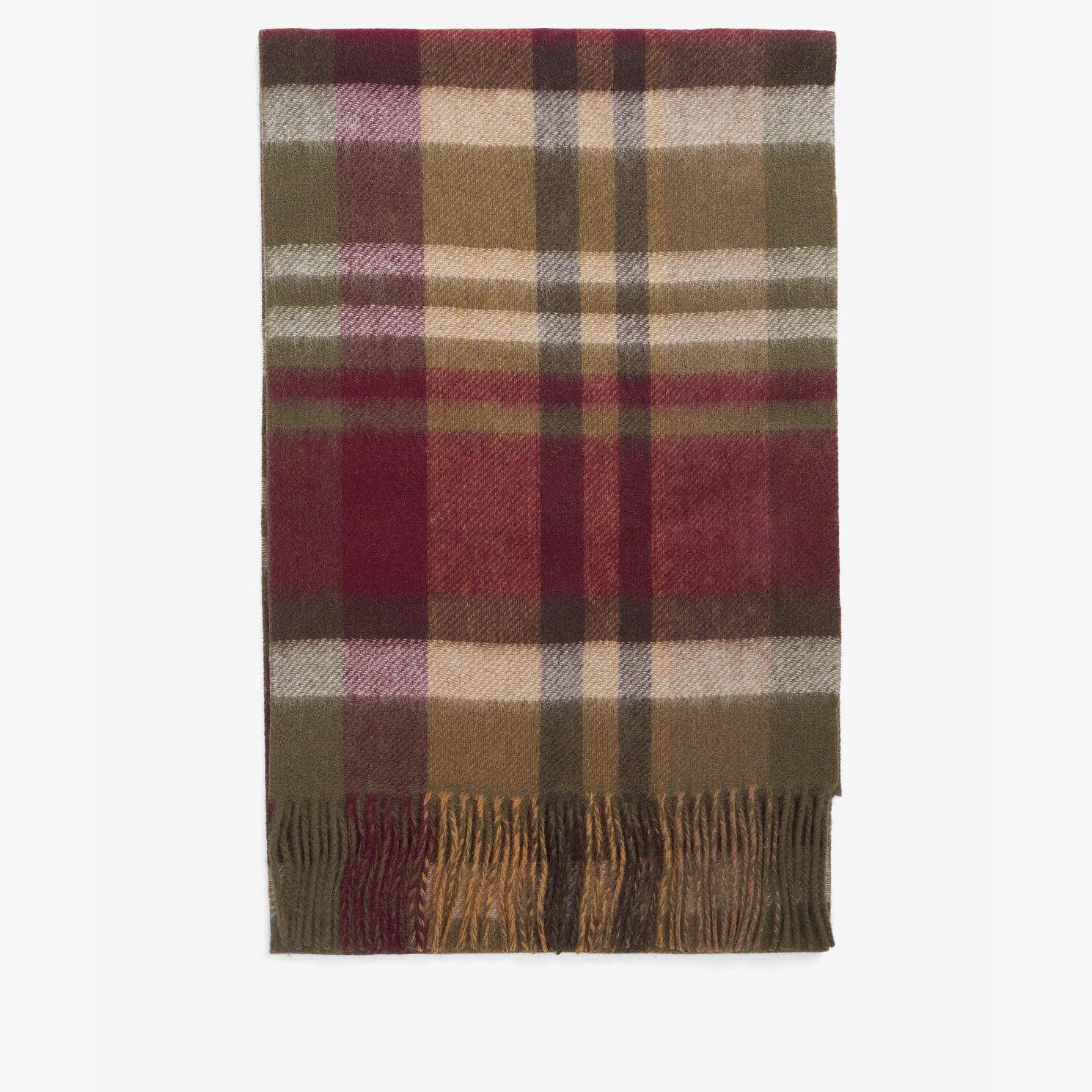 Barbour FIELD REVERSIBLE Scarf Unisex Adults Army Green front view showcasing check design in green, burgundy, and cream.