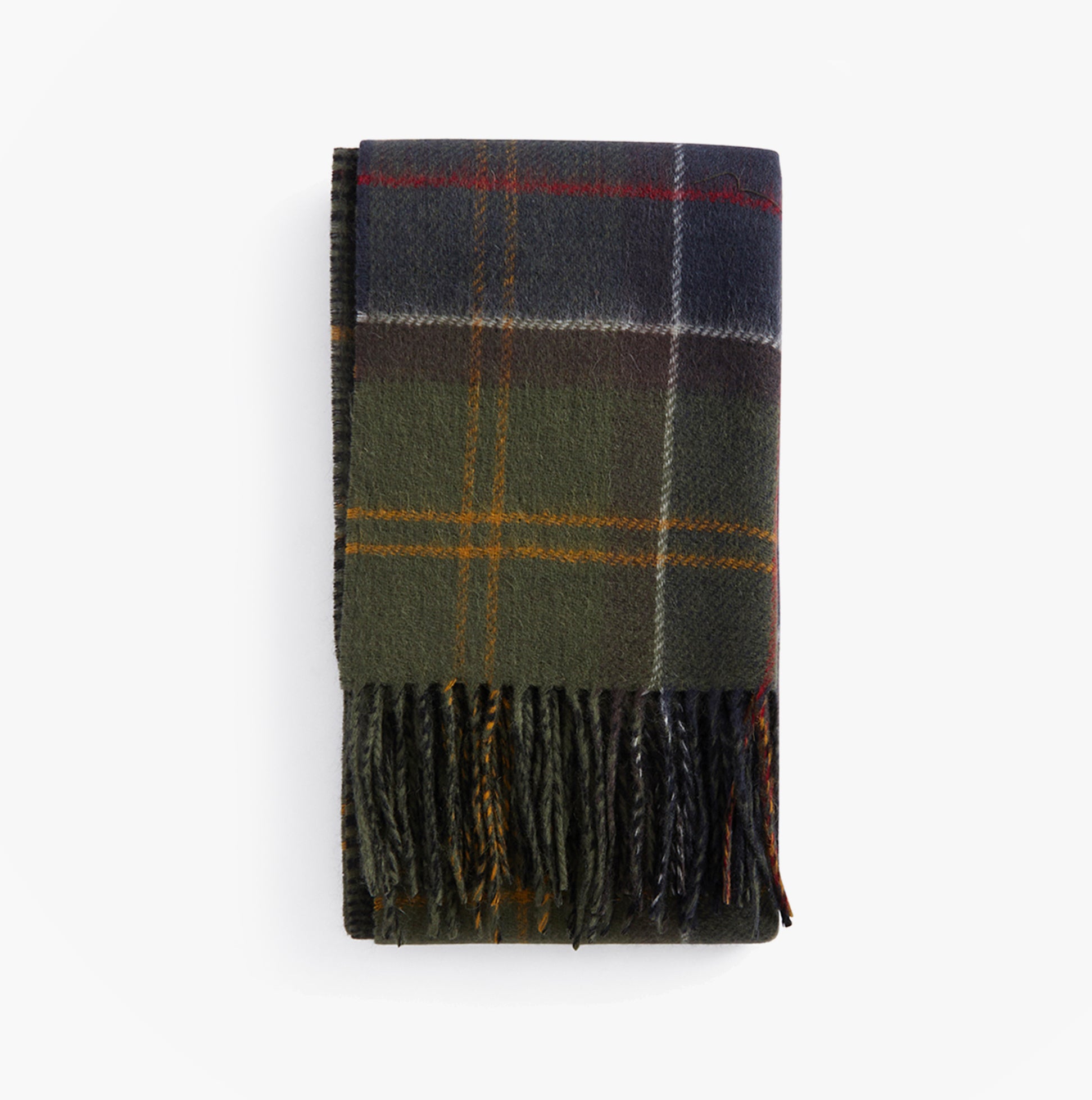 Barbour DRAMSIDE REVERSIBLE Mens Winter Cassic Tartan folded view showcasing classic tartan pattern with fringed edges.