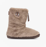 Bedroom Athletics MONROE Womens Slipper Boots Taupe / Deep Taupe side view showing faux fur upper and rubber sole.
