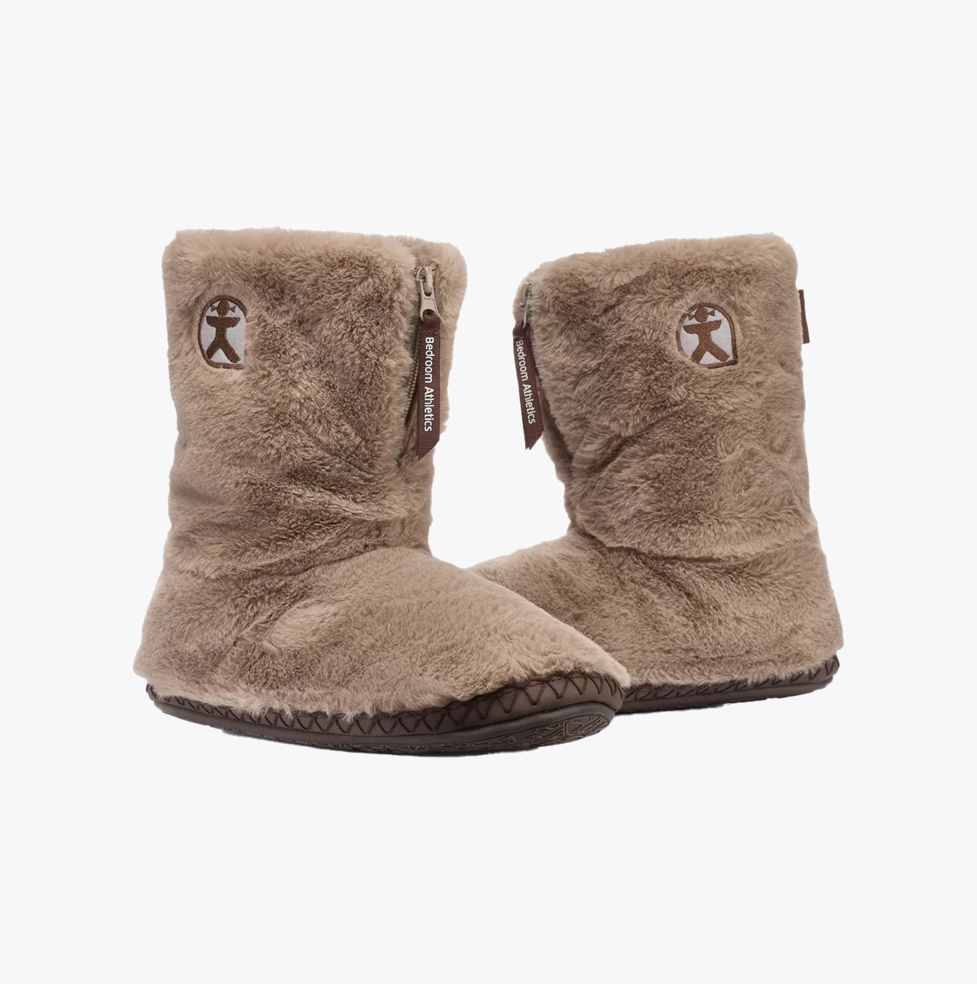 Bedroom Athletics MONROE Womens Slipper Boots Taupe / Deep Taupe front view, faux fur upper, round toe, ankle height.