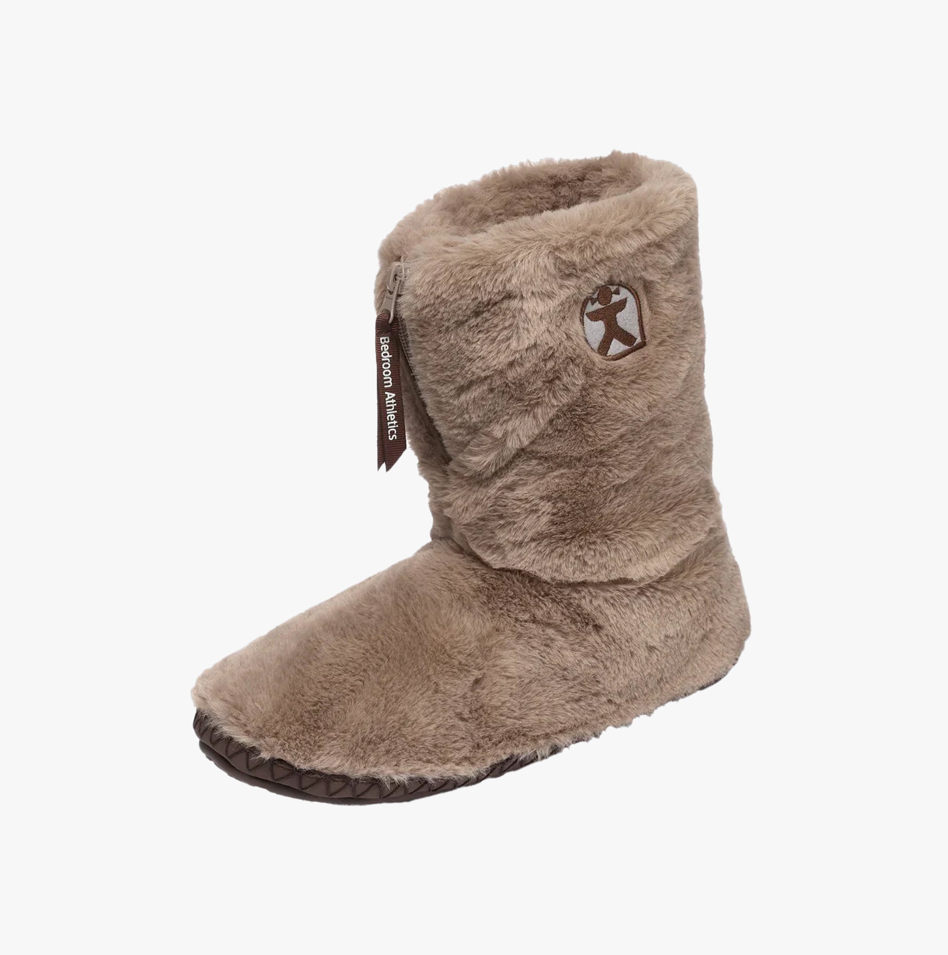 Bedroom Athletics MONROE Womens Slipper Boots Taupe / Deep Taupe side view of soft faux fur slipper boots with round toe.