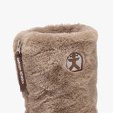 Bedroom Athletics MONROE Womens Slipper Boots Taupe / Deep Taupe detail view showing faux fur upper and logo.