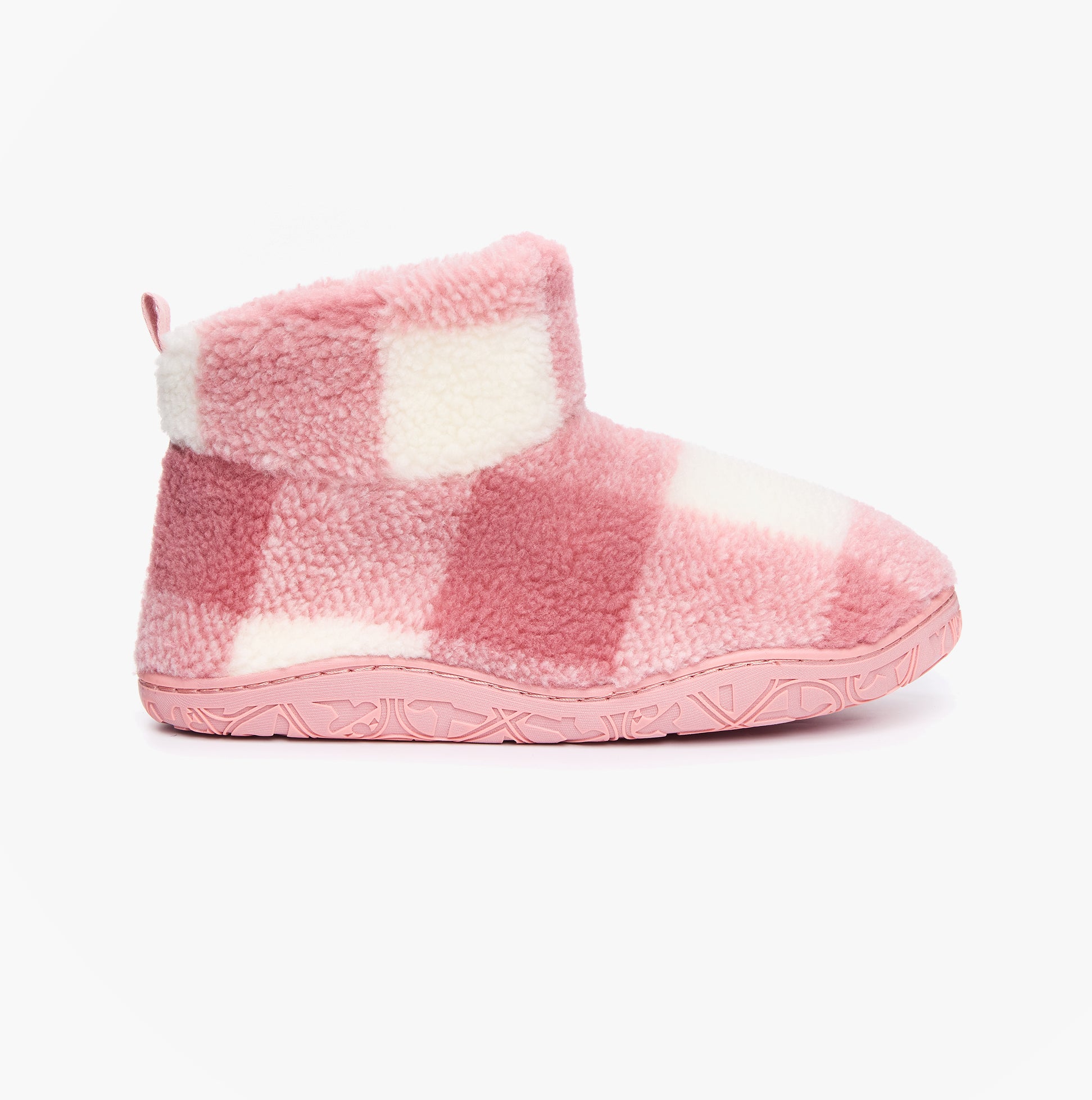 Bedroom Athletics CELESTE Womens Slipper Boots Pink Check side view showing soft pink and white check design.