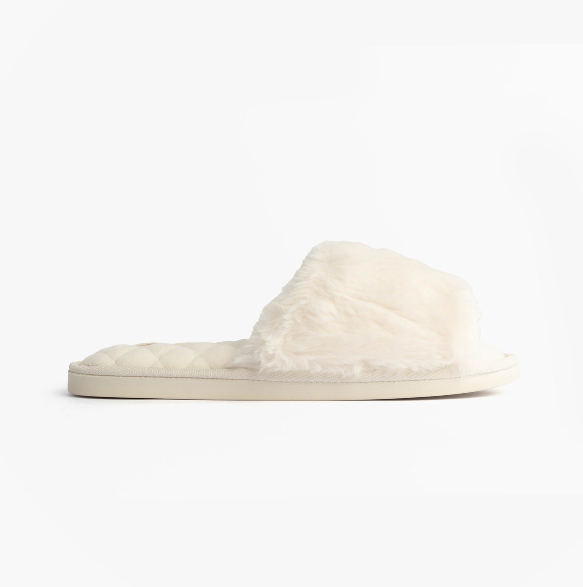 Bedroom Athletics ERIN Womens Slipper Sliders Cream side view showing faux fur upper and rubber sole.