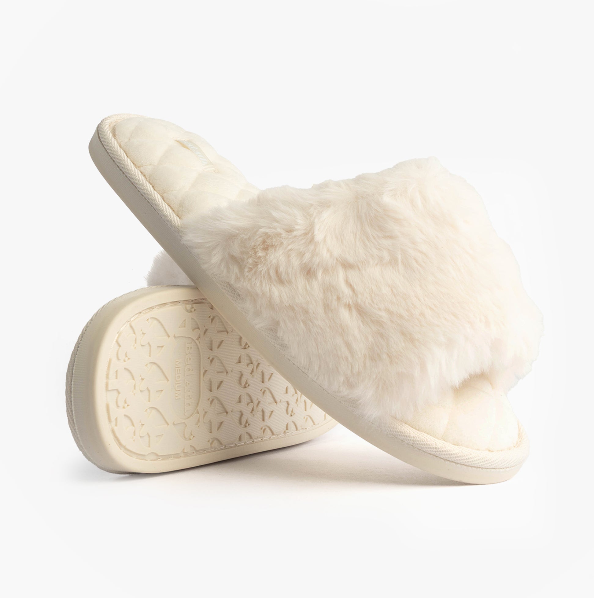 Bedroom Athletics ERIN Womens Slipper Sliders Cream side view showcasing faux fur upper and rubber sole.