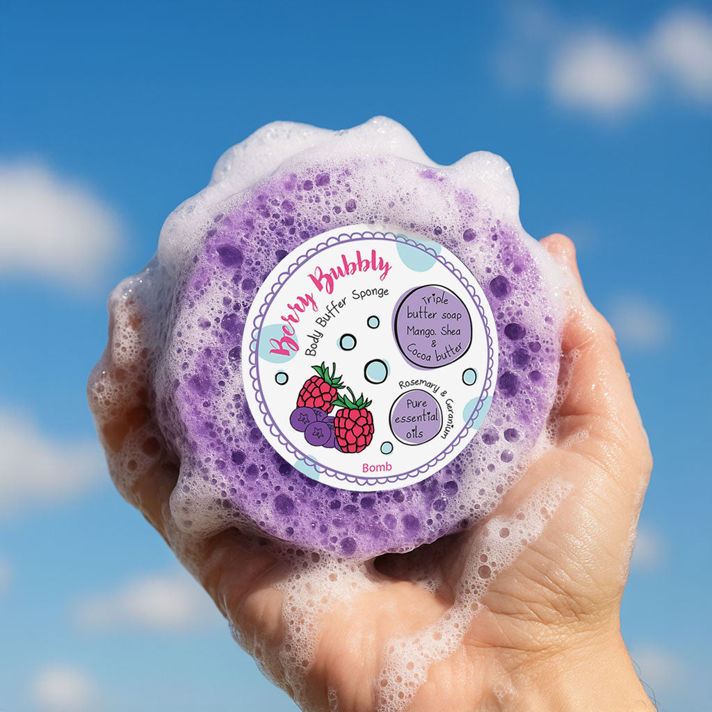 Bomb Cosmetics Berry Bubbly Body Buffer Soap Shower Sponge