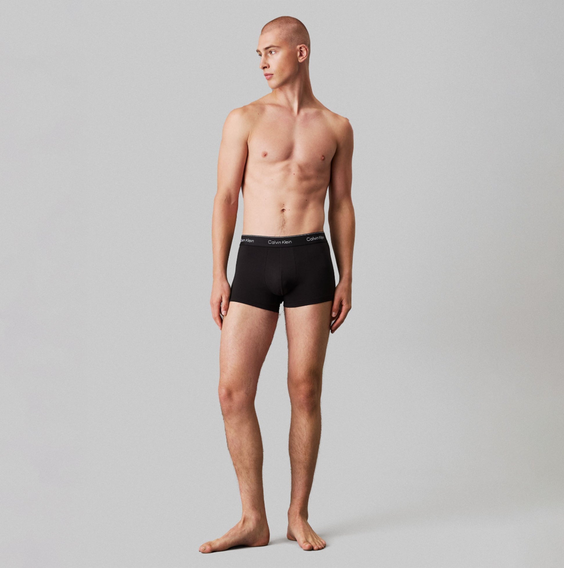 Calvin Klein BOXER BRIEF Mens 5 Pack Microfibre Stretch Black side view of model wearing black boxer briefs.