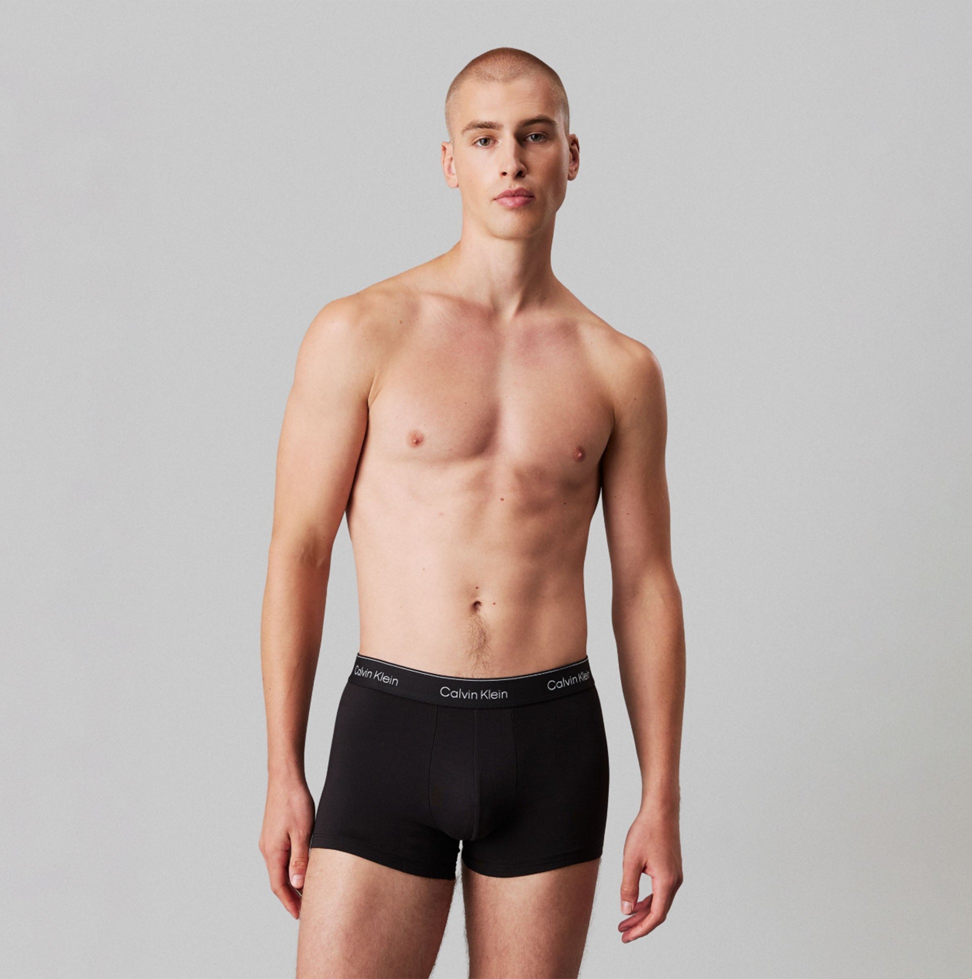 Calvin Klein BOXER BRIEF Mens 5 Pack Microfibre Stretch Black side view of model wearing black boxer briefs.