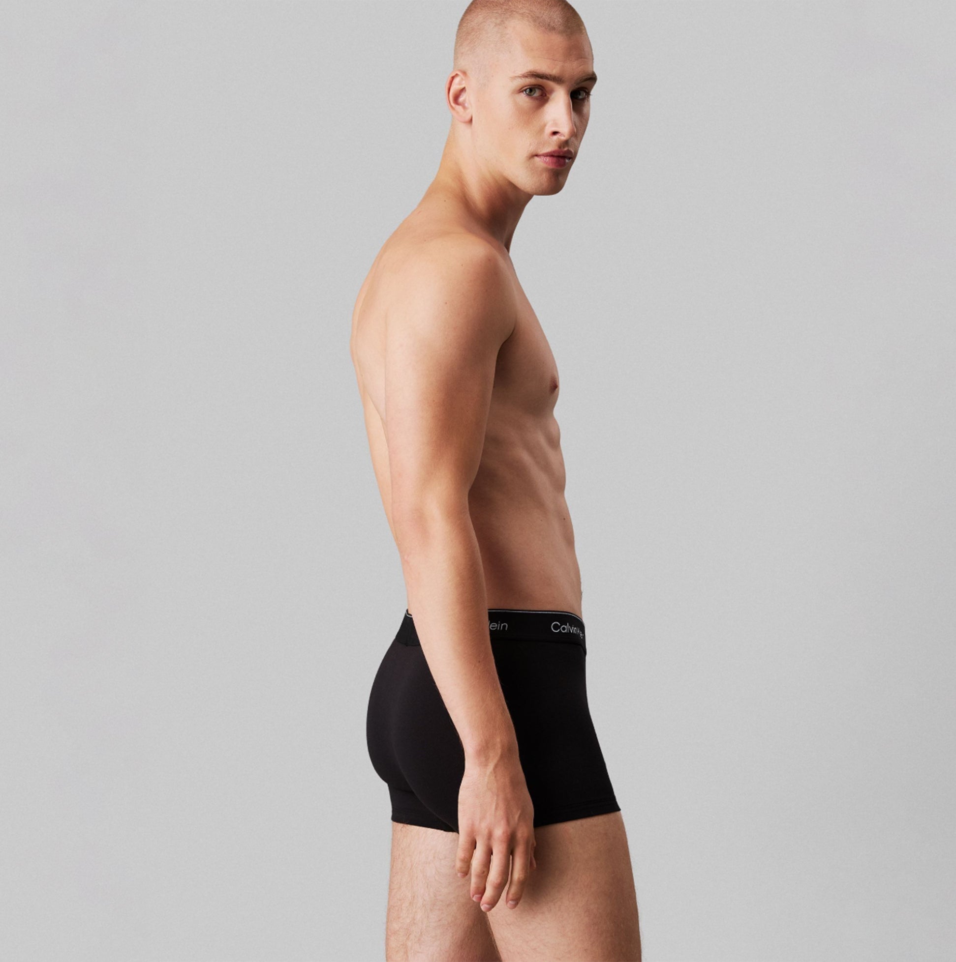 Calvin Klein BOXER BRIEF Mens 5 Pack Microfibre Stretch Black side view model wearing black boxer briefs