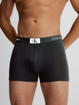 Calvin Klein CK96 3 Pack Mens Trunks Black front view showcasing medium-rise waist and signature waistband.
