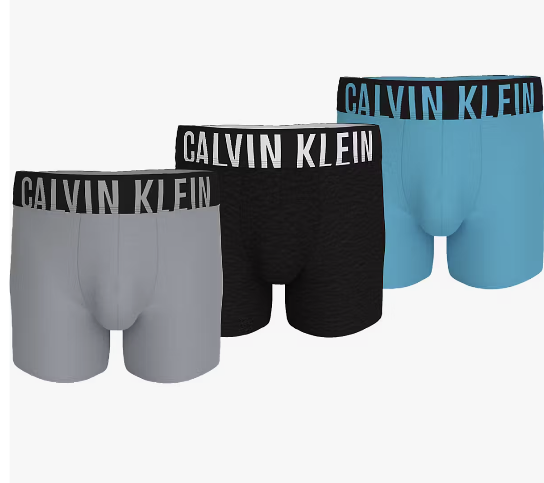 Calvin Klein BOXER BRIEF 3 Pack Mens Multicoloured side view showing grey, black and blue boxer briefs with logo waistband.