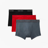 Calvin Klein TRUNK 3 Pack Mens Cotton Classics Multicoloured front view showcasing black, red, and gray trunks.