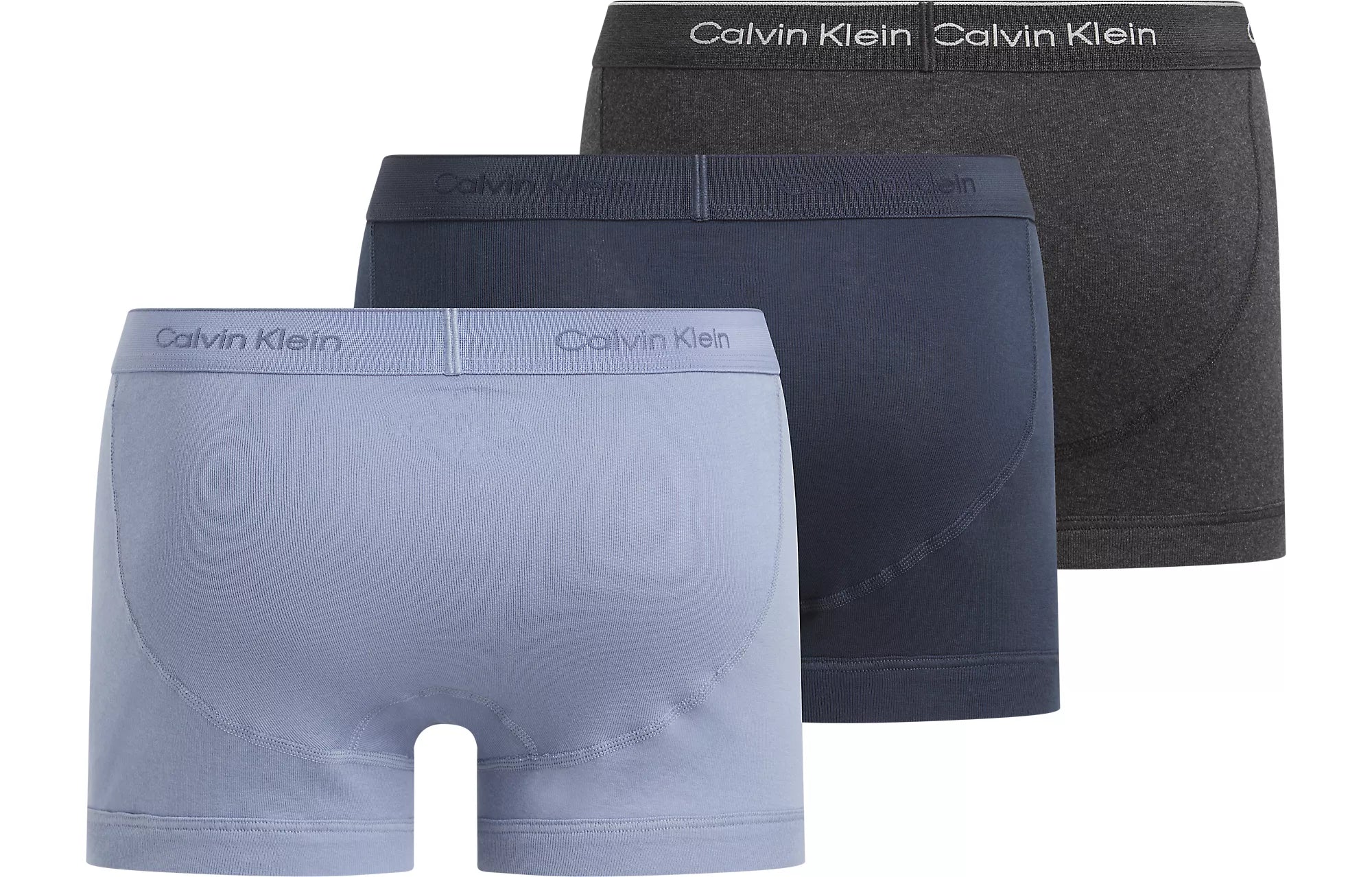 Calvin Klein COTTON CLASSICS Mens 3 Pack Trunks Multicoloured back view showing three trunks in blue, dark blue, and black.