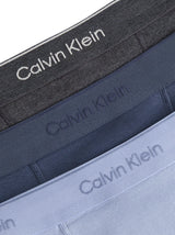 Calvin Klein COTTON CLASSICS Mens 3 Pack Trunks Multicoloured detail view showing three trunks in navy, light blue, and dark grey.