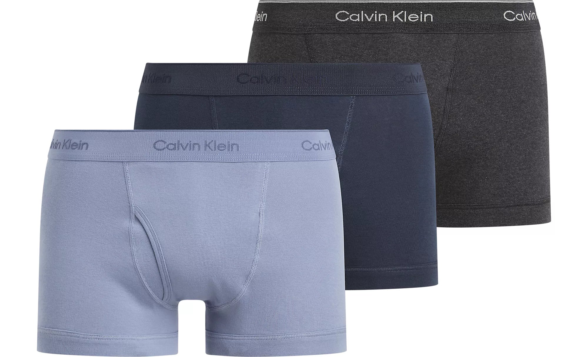 Calvin Klein COTTON CLASSICS Mens 3 Pack Trunks Multicoloured front view showing three trunks in blue, navy, and grey.