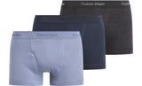 Calvin Klein COTTON CLASSICS Mens 3 Pack Trunks Multicoloured front view showing three trunks in blue, navy, and grey.